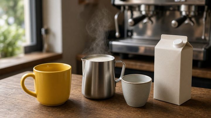 A pitcher of steamed foam on a cafe counter beside an unlabeled plain carton and a sunflower-yellow mug, handheld iPhone photo in morning window light.