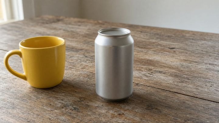 A single unlabeled can on a wood table beside a sunflower-yellow mug in morning window light, handheld iPhone photo.