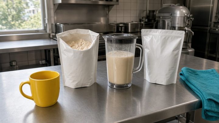Unlabeled plant-protein shake on a stainless kitchen table beside two plain white powder bags, a sunflower-yellow mug, and a teal towel, handheld iPhone photo in morning window light.