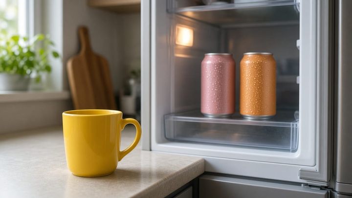 An open kitchen fridge with two unlabeled pastel soda cans on the shelf and a sunflower-yellow mug on the counter, handheld iPhone photo in morning light.