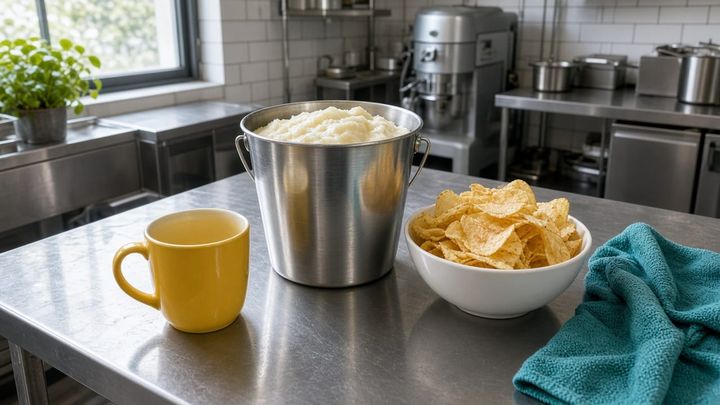An unlabeled metal pail beside a bowl of chips and a sunflower-yellow mug on a kitchen table, handheld iPhone photo in morning window light.