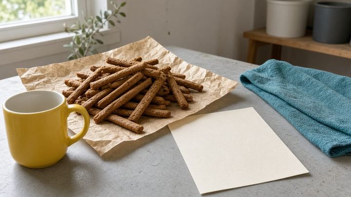 Unlabeled meat-snack sticks on a packing table beside a blank sheet and a sunflower-yellow mug, handheld iPhone photo in morning window light.