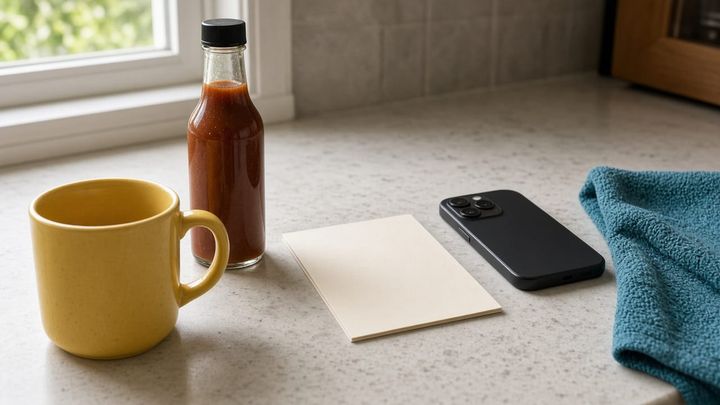 An unlabeled hot-sauce bottle and a blank cream notecard on a kitchen table beside a sunflower-yellow mug and a teal towel, handheld iPhone photo in morning window light.