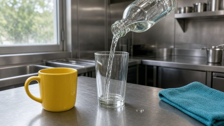 An unlabeled bottle mid-pour into a glass on a stainless kitchen table beside a sunflower-yellow mug and a teal towel, handheld iPhone photo in morning window light.