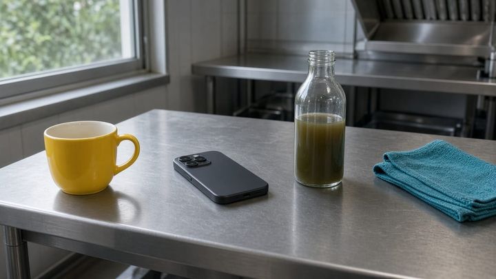 An unlabeled bottle and a face-down phone on a stainless kitchen table beside a sunflower-yellow mug and a teal towel, handheld iPhone photo in morning window light.