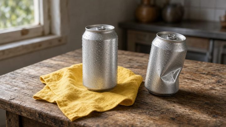 Two unlabeled clear cans with condensation on a worn kitchen table beside a sunflower-yellow napkin, handheld iPhone photo.