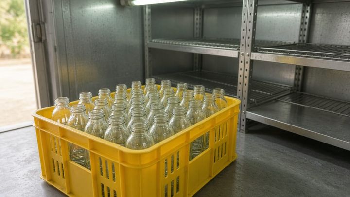 Sunflower-yellow crate of unlabeled small glass bottles inside a walk-in cooler, handheld iPhone photo, no signage.