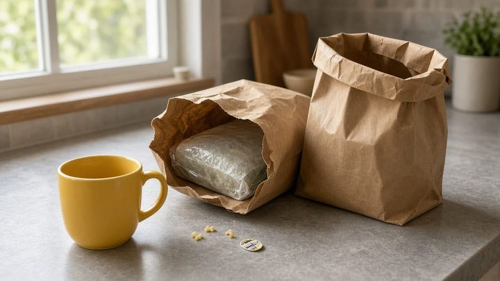 Two plain brown grocery bags on a kitchen counter, one slumped open beside a generic unlabeled frozen bag and a sunflower-yellow mug, handheld iPhone photo in morning light.