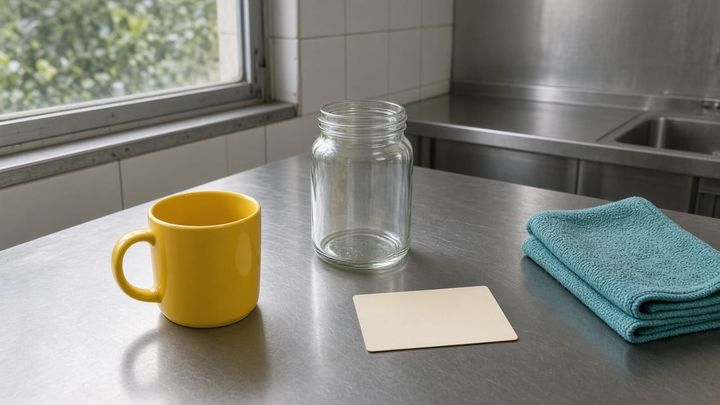 An unlabeled jar and a blank cream notecard on a stainless packing table beside a sunflower-yellow mug and a teal towel, handheld iPhone photo in morning window light.