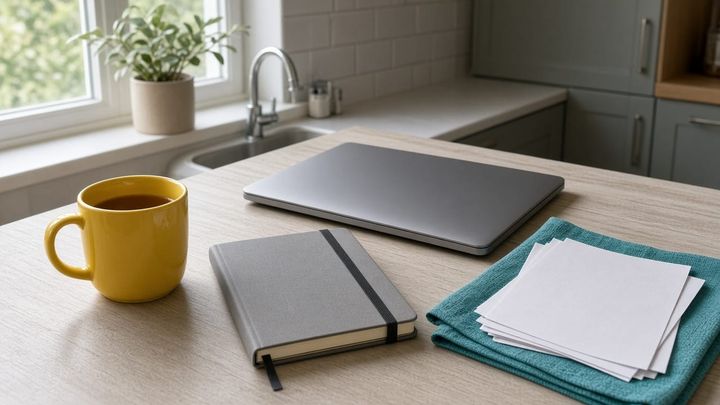 A closed laptop and a blank notebook on a kitchen desk beside a sunflower-yellow mug, handheld iPhone photo in morning window light.