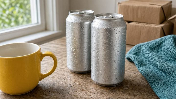 Two unlabeled soda cans on a packing table beside a sunflower-yellow mug, handheld iPhone photo in morning window light.