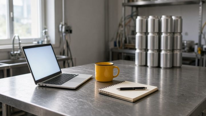 An open laptop on a scratched stainless prep counter in a small beverage production room, a yellow enamel mug and a spiral notebook beside it in late morning window light.