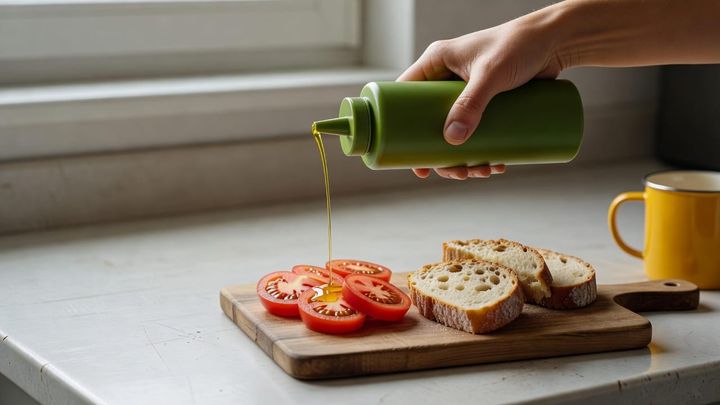 A hand pours olive oil from a plain green squeeze bottle onto sliced tomatoes and bread on a kitchen counter.