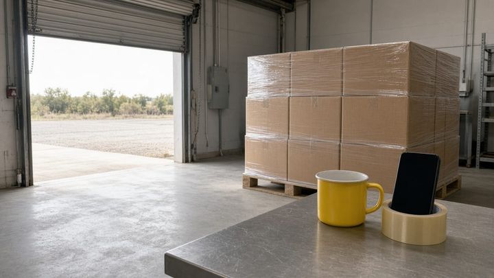A shrink-wrapped pallet of plain corrugated cases on the concrete floor of a small food warehouse near a half-open roll-up door, a yellow enamel mug on a stainless work table in the foregrou