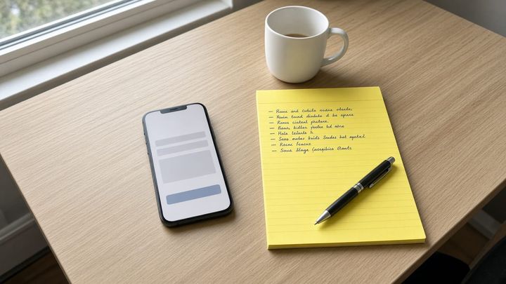 A smartphone showing a blank sign-up form next to a yellow legal pad with a handwritten checklist on a wood desk in natural window light.