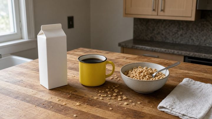 A plain white unbranded milk carton on a worn butcher block kitchen counter beside a yellow enamel mug of black coffee and a bowl of cereal, soft morning window light.