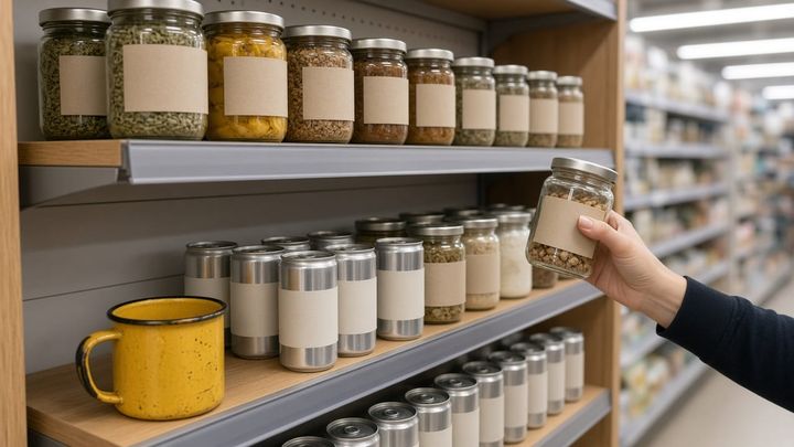 A shopper lifts a plain unbranded jar off a small emerging-brand trial shelf in a natural foods aisle, a dented yellow enamel travel mug resting on the shelf lip.