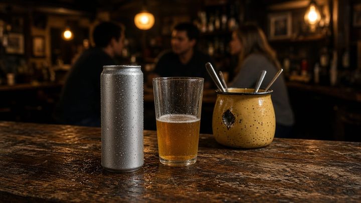 A plain unbranded slim can sweating on a worn wooden bar top beside a half finished pint glass and a dented yellow enamel mug of bar spoons, warm practical light, people out of focus.