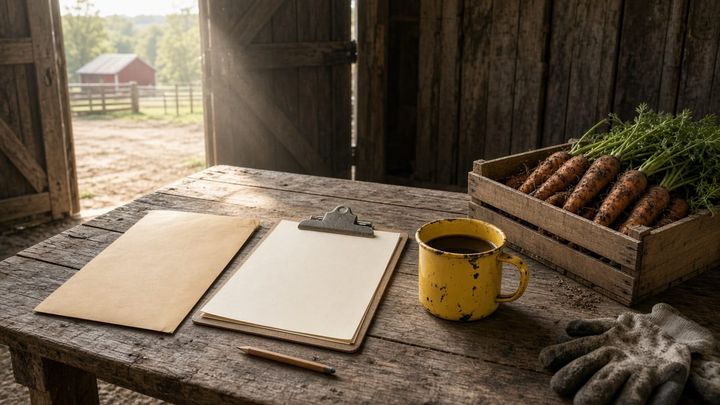 A weathered wooden packing table inside an open barn door with a manila folder, a metal clipboard of blank paper, a dented yellow enamel mug of coffee and a crate of unwashed carrots in earl