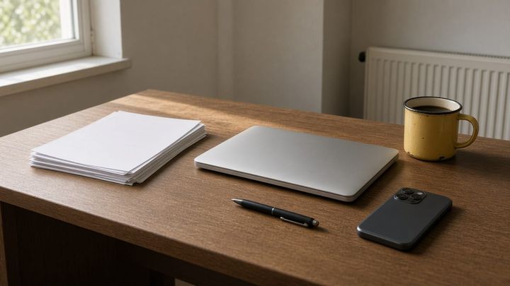 A plain wooden office desk in late morning window light with a face down stack of printed pages, a closed laptop, a phone lying face down and a dented yellow enamel mug of black coffee.