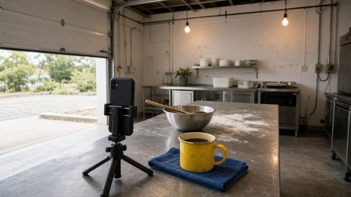 A phone clamped to a short tripod on a scuffed stainless prep table in a small food production kitchen at dawn, beside a dented yellow enamel mug of black coffee, with a mixing bowl and a wo