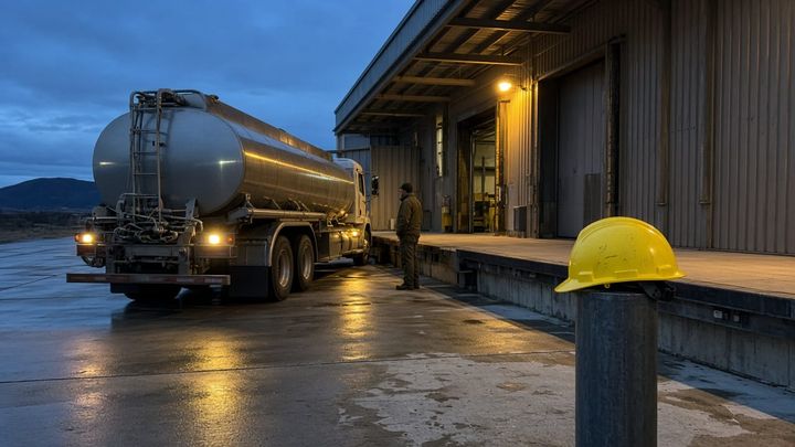 A stainless milk tanker backed into a plant loading bay before sunrise, headlights on, one worker on the dock, handheld phone photo.