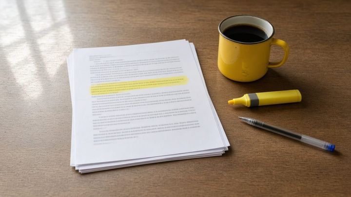 A stack of loose printed office pages on a plain wooden desk in morning window light, the top page swiped with a yellow highlighter, beside a dented yellow enamel mug of black coffee, an unc