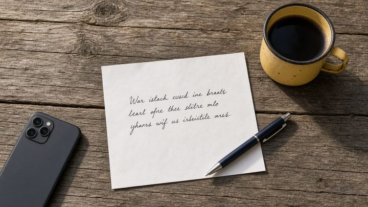 A single printed sheet of paper on a weathered wooden market table in late morning light, a ballpoint pen resting across one corner, a dented yellow enamel mug of black coffee beside it and 