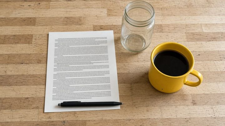 Overhead flat lay of a printed sheet of paper with illegible grey text on a scratched pale butcher block work surface, a ballpoint pen across its lower edge, a plain unlabeled glass jar turn
