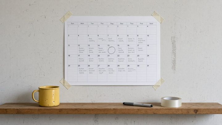 Eye level phone photograph of a paper wall calendar taped to a scuffed office wall, one date circled in ink, handwriting illegible, with a dented golden yellow enamel mug and a capped marker