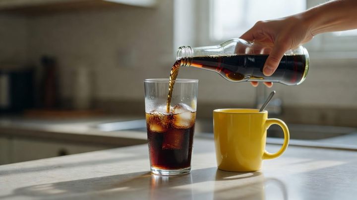 A glass of cola being poured on a kitchen counter next to a yellow mug, morning light, condensation on the glass, no logos visible.