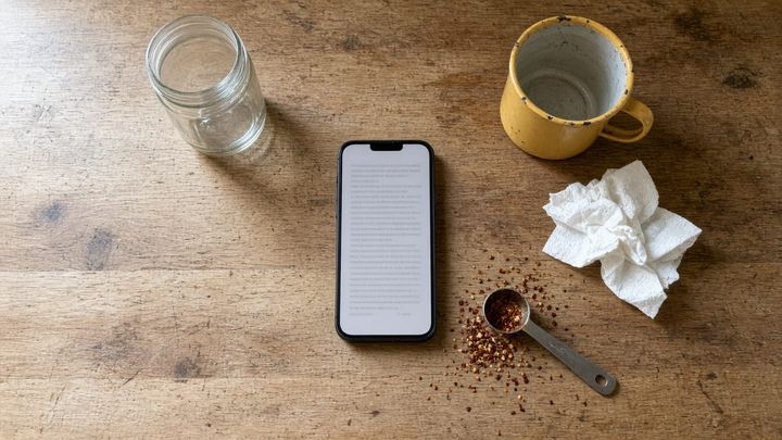 Overhead phone photograph of a smartphone lying on a worn kitchen counter beside opened cooking ingredients and a dented golden yellow enamel mug, daylight from a window.