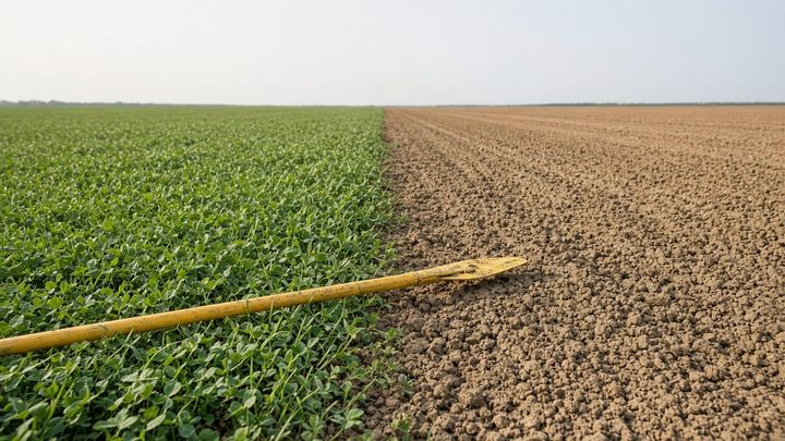 Knee height phone photograph along the edge of a farm field where dense green cover crop meets bare tilled dirt, a golden yellow handled soil probe lying across the line.