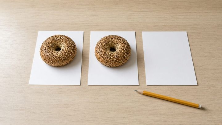 Overhead phone photograph of three blank white index cards in a row on a pale wood table, a seeded bagel on the left card and the middle card, the right card empty, a golden yellow pencil ly