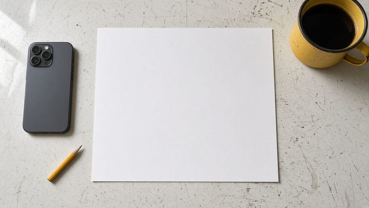 Overhead photograph of a single blank sheet of white paper on a worn kitchen counter beside a dented golden yellow enamel mug, a face-down phone and a short yellow pencil.