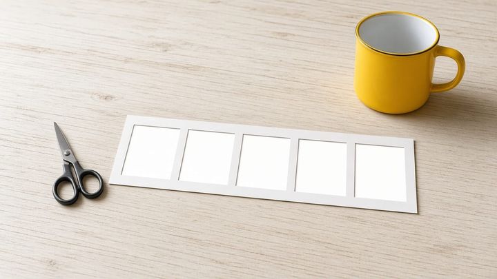 Overhead phone photograph of a strip of five blank white film frames lying in a row across a pale wood table, a plain golden yellow enamel mug beside it and a small pair of scissors near the