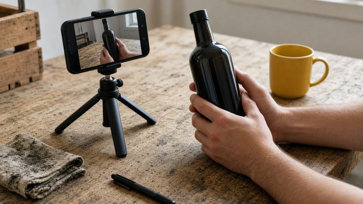 A phone on a small tripod filming a pair of hands holding a plain dark glass olive oil bottle on a wooden work counter, yellow mug beside it in morning window light, no logos.