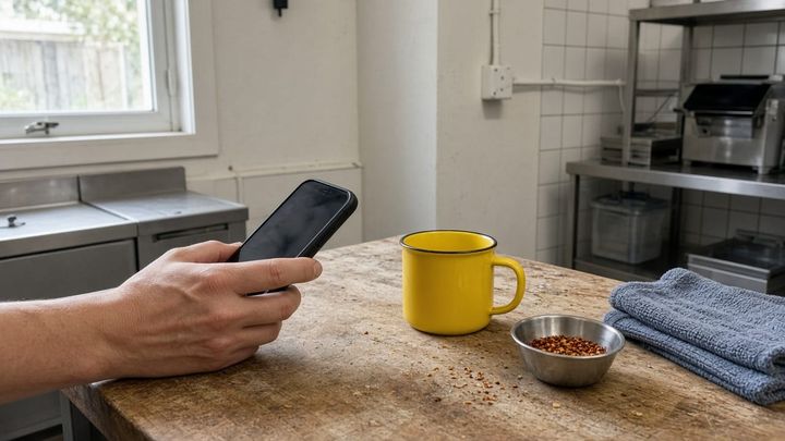 A hand holding a phone at an angle over a scuffed wooden prep counter in a small food production room, a yellow enamel mug and a bowl of chili flakes beside it in window light.