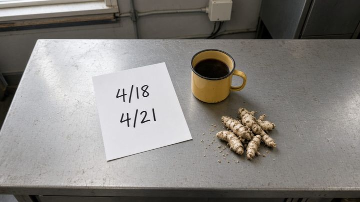 A sheet of paper with two handwritten dates in marker on a stainless prep counter in a small beverage production room, a yellow enamel mug and pale root beside it in window light.