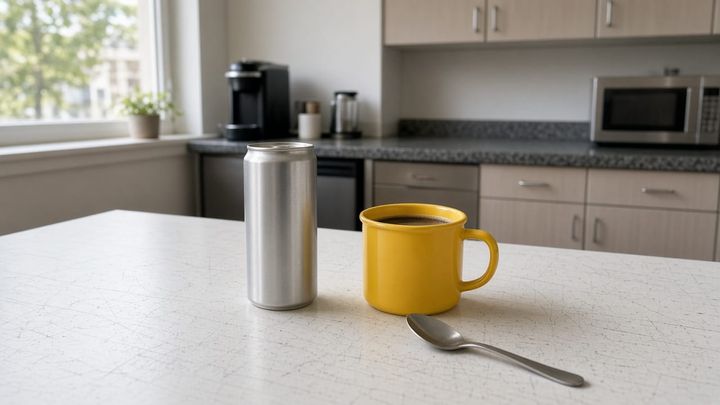 An unbranded aluminum can on a scratched white break-room table beside a sunflower-yellow enamel mug, handheld iPhone photo in late morning window light.