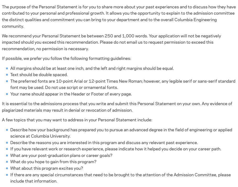 Columbia University MS in Business Analytics  Supplementary Application Personal Statement Requirements
