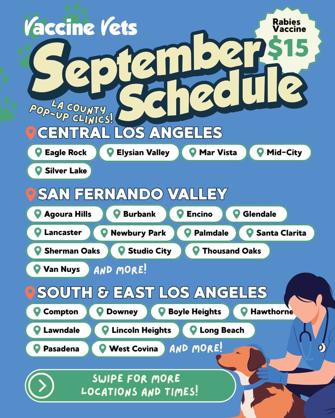 Vaccine Vets September 2026 clinic schedule — all dates and parks