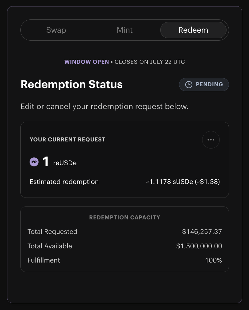 Re App redemption status screen showing a pending request