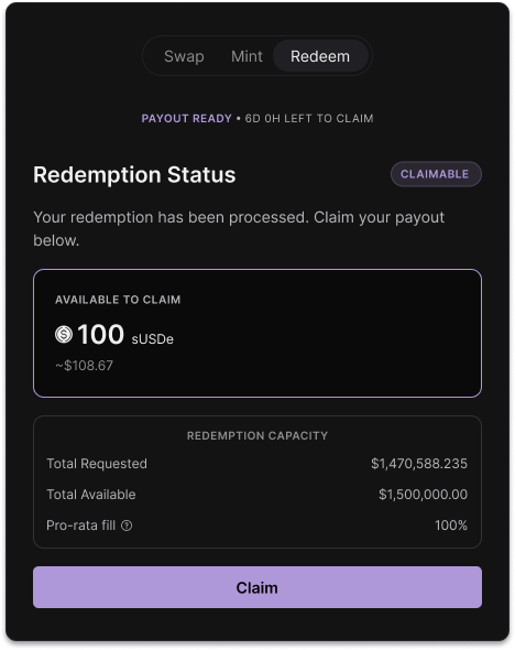 Re App redemption status screen showing a claimable payout
