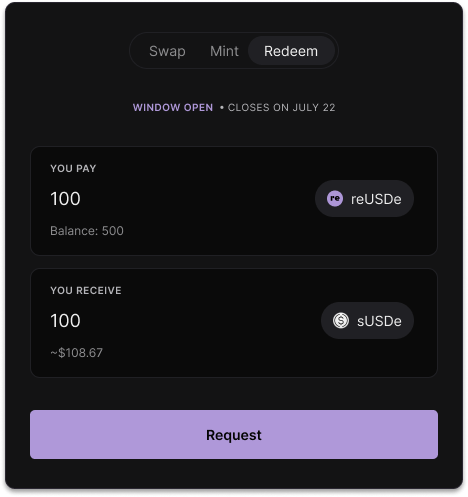 Re App redeem interface showing a request to swap reUSDe for sUSDe