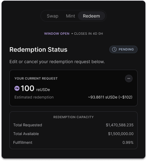 Redemption status showing pending request and redemption capacity