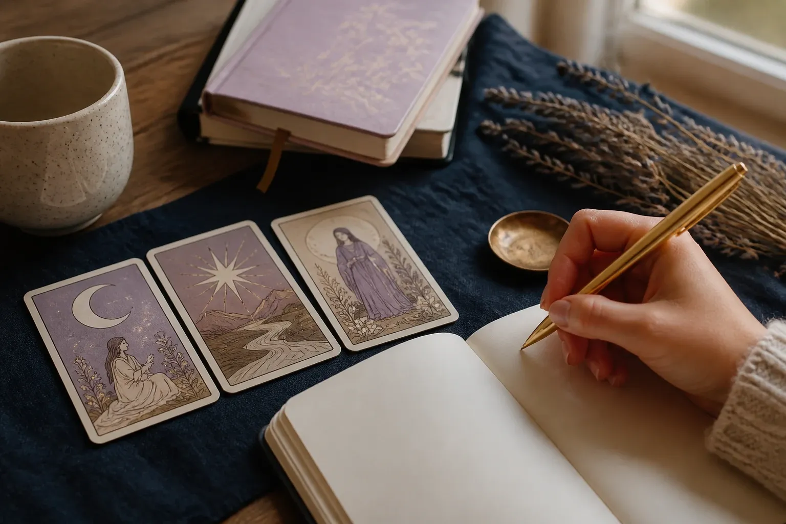 A person recording observations from a three-card tarot spread in a journal.