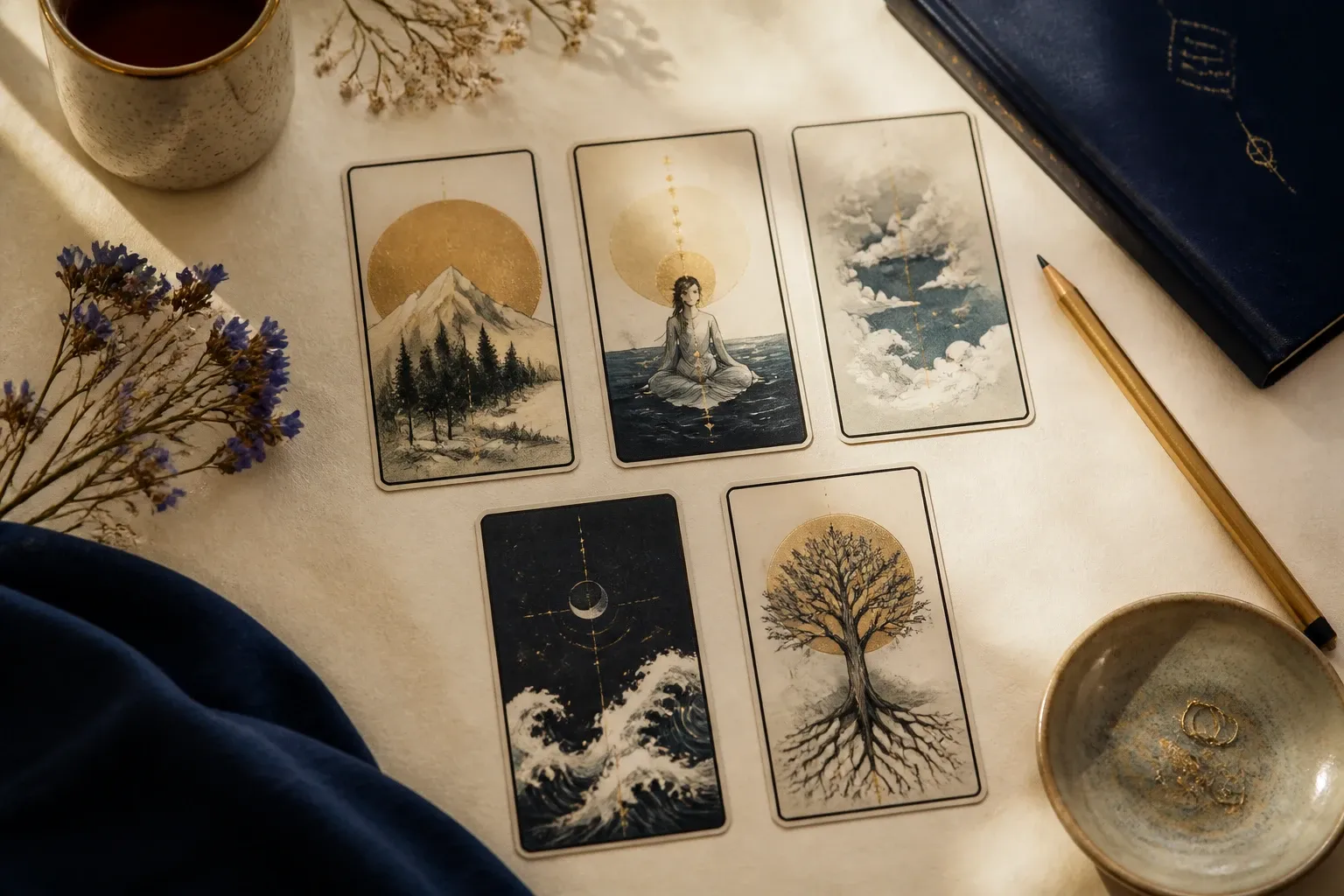 Five tarot cards in a simple spread beside a notebook and pencil on a cream table.