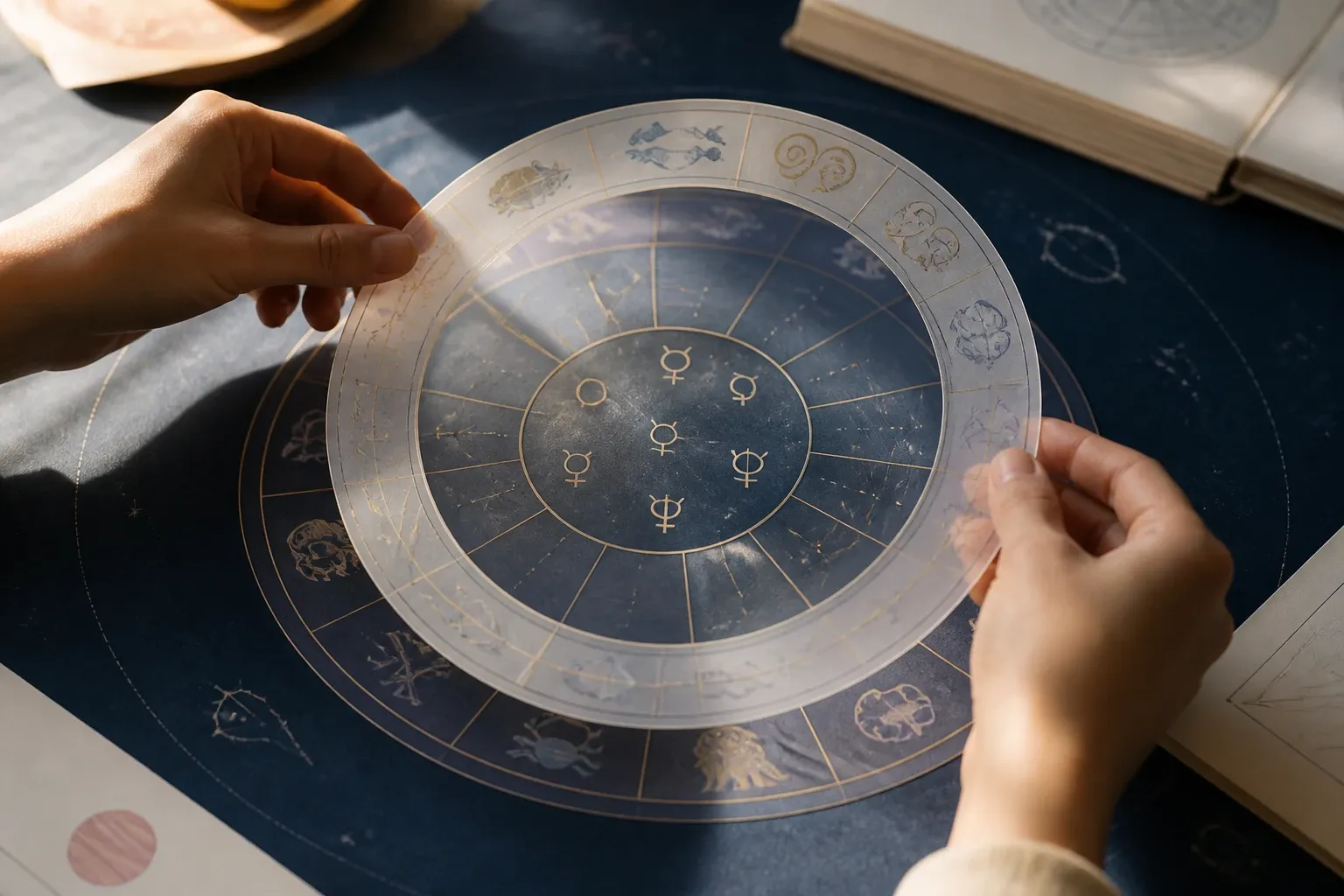 Hands aligning the planetary, zodiac, house, and aspect layers of a birth chart.