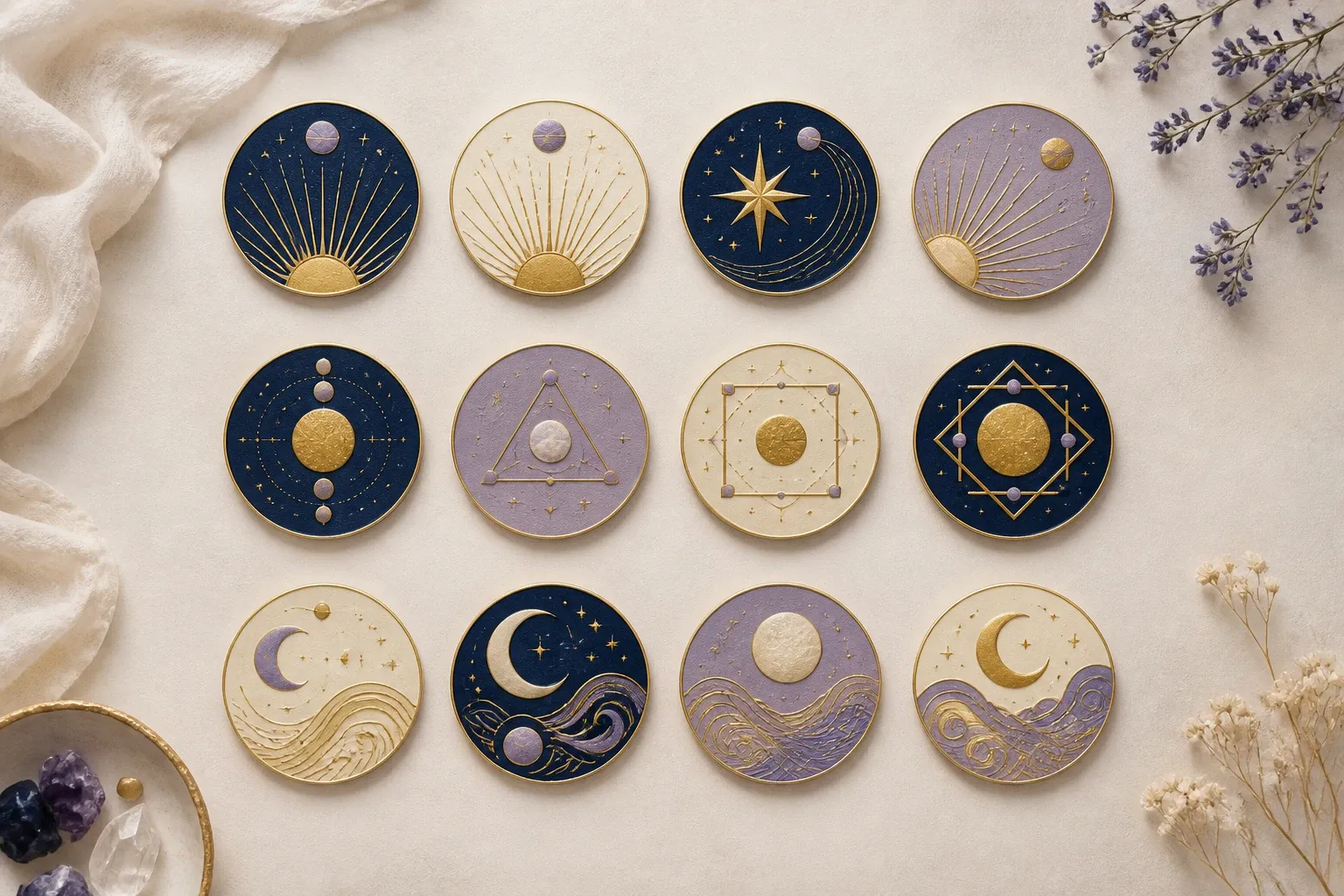 Twelve celestial medallions arranged in three groups of four to represent the astrology modalities.